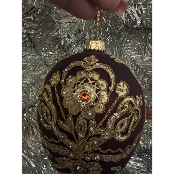 Burgundy & Gold Parzenica Christmas Glass Ornament Hand Decorated with Jewel 5” - Picture 3 of 12